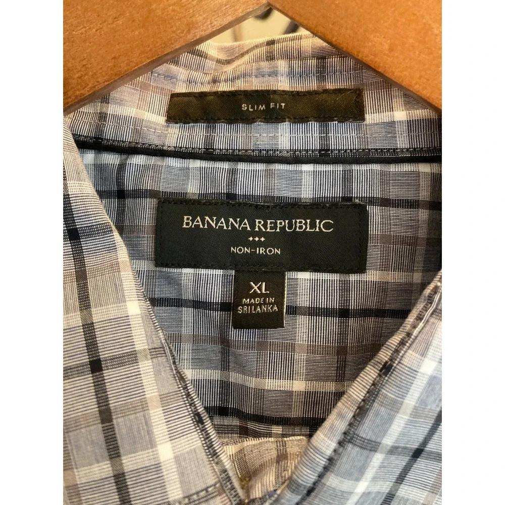 Banana Republic Mens XL Slim Fit Non-Iron Plaid Button Down Shirt Blue Grey